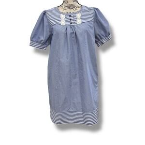 Tibi Size 6 Blue Embroidered Short Sleeve Shift Dress Cottagecore